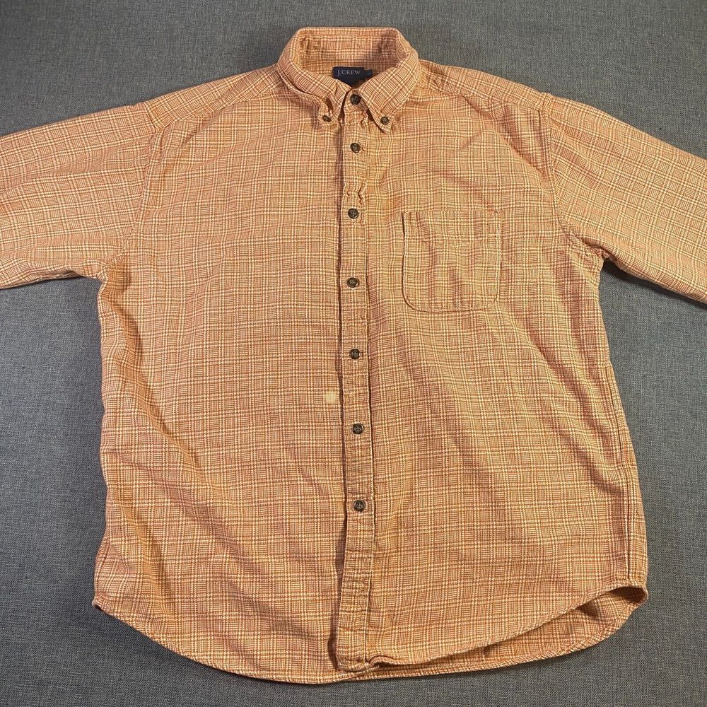 J‎ Crew Check Plaid Houndstooth Flannel Shirt Mens Size Large Orange